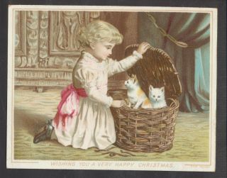C10041 Victorian Xmas Card: Girl & Cats In Basket