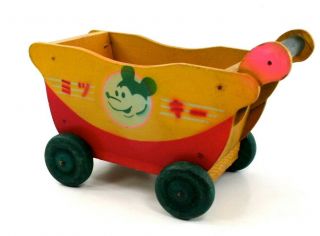 Early Japanese Wooden “mickey Mouse” Baby Buggy (pram) Nr