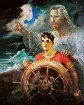 Warner Sallman Christ Our Pilot 10x8 Art Print Jesus Young Man On Boat In Storm