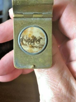 Vintage Brass & Celluloid Stamp Holder With Picture Of Horse Race Victorian Era