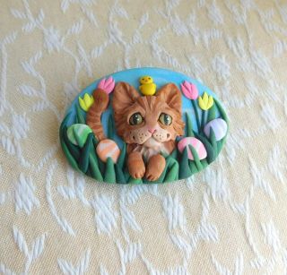 Ooak Orange Tabby Cat Easter Brooch Pin Clay Sculpted Jewelry By Raquel Thewrc