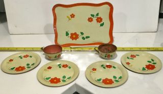 Ohio Art Vintage Child’s Tin Litho Toy Tea Set:1920’s Orange Flowers