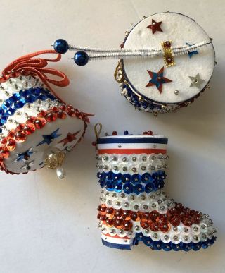 3 Vintage Patriotic Beaded Sequins Christmas Ornaments