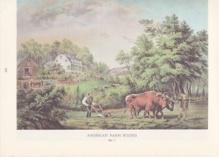 1974 Vintage Currier & Ives Farming " Farm Scene Plowing Team Of Oxen Color Litho