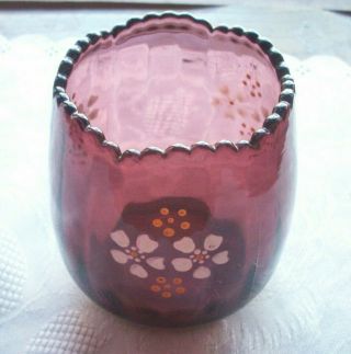 Red Glass Beaded Edge With White & Yellow Flowers Candle Holder