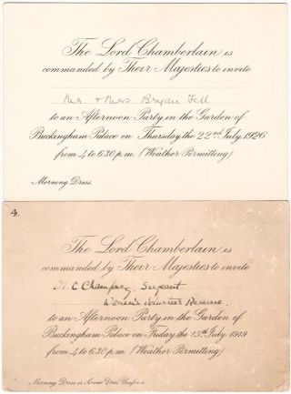 2 X 1919/26 Buckingham Palace Garden Party Invitation Cards,  Royalty