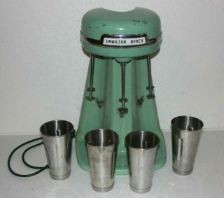 Vtg Hamilton Beach 40dm Green Jadite Triple Milk Shake 3 Head Mixer W/ 4 Cups