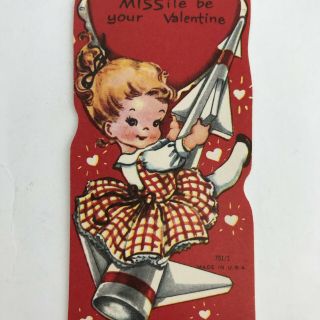 Vintage Valentine’s Day Greeting Card Cute Little Girl On A Rocket Missile