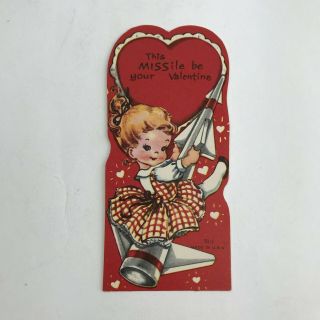 Vintage Valentine’s Day Greeting Card Cute Little Girl On A Rocket Missile 2