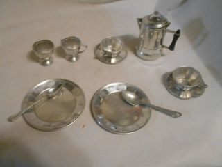 11 Piece Aluminum Vintage Childrens Tea / Dish Set Coffee Pot W Glass Top & More