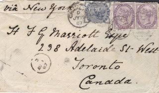 1887 Qv Carlton Cover With A ½d Jubilee & 2 Lilac Stamps Sent To Toronto Canada