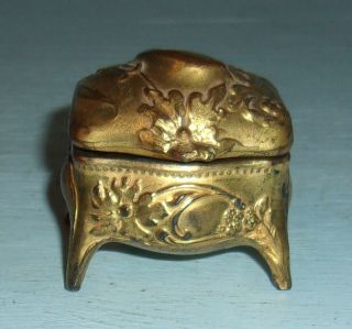 Vintage Solid Brass Ring Trinket Box Hinged Lid Lined Treasure Chest Style
