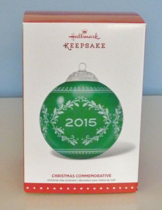 Hallmark 2015 Christmas Commemorative Green Glass Ball Ornament Nib