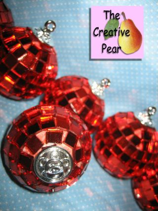 Set Of 8 Department 56 Red 2 " Mirror Ball Hanging Christmas Ornaments Disco Box