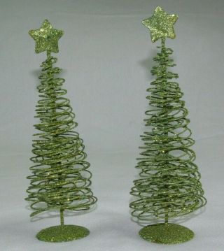 Set Of 2 Spiral Tabletop Christmas Tree Green Glitter Metal Wire Village Decor