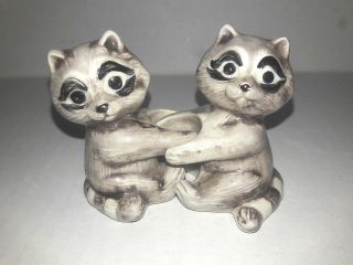 Twin Baby Raccoon Miniature Figurine Ceramic Porcelain Nature Animal Signed 1982