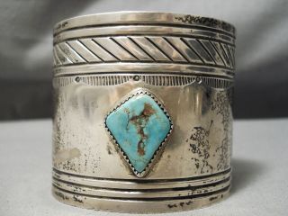 So Wide Vintage Navajo Hand Wrought Sterling Silver Turquoise Bracelet Old