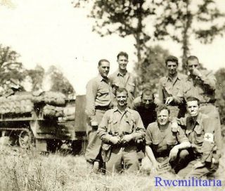 Jovial Us Soldiers W/ Medic Posed By M3 Armored Halftrack In Field