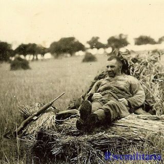 Tough Looking Us Soldier Resting In French Field W/ M1 Carbine Rifle; 1944