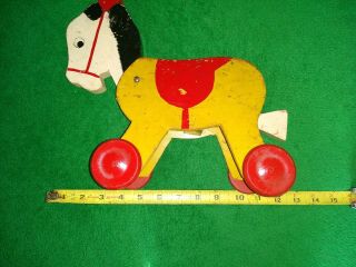 Antique Hand Painted Wooden Horse Pull Toy W/ Bobbing Head And Tail Great Colors