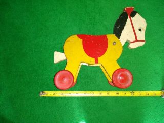 Antique hand painted wooden horse pull toy w/ bobbing head and tail great colors 2