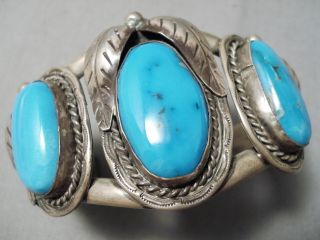 Heavy Thick Vintage Navajo Blue Gem Turquoise Sterling Silver Leaf Bracelet