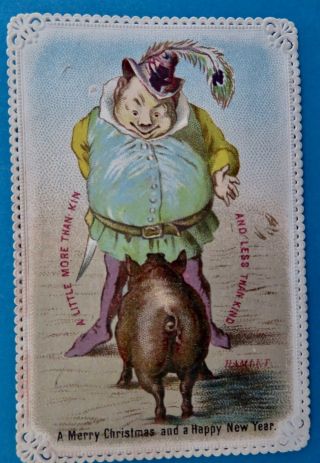 Victorian Goodall Pig Butcher Hamlet Christmas Card Shakespeare Comic