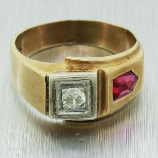 Vintage Estate 14k Solid Yellow Gold 0.  25ctw Diamond & Ruby Signet Ring