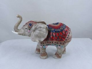 Porcelain Trunk Up Elephant W/ Colorful Blanket & Headdress