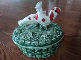 Retro Vintage Ceramic Chicken Hen & Rooster Covered Casserole Serving Dish Oval
