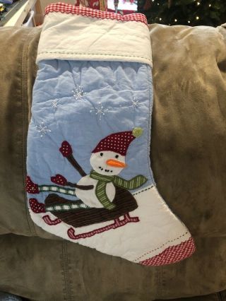 Pottery Barn Kids Quilted Christmas Stocking Snowman Sledding