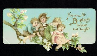 Shaped Victorian Birthday Greetings Card Children Sitting On Tree Branch
