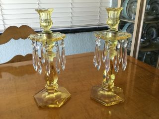 Yellow Crystal Candle Holders Candelabra With Crystals Prisms 12 " Tall