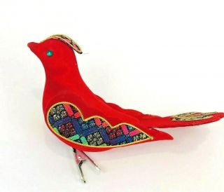 Vintage Christmas Ornaments Flocked Bird Clip On Red Stained Glass Wings Large