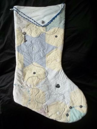 Large Christmas Stocking Quilted Decorated With Buttons Beads Vintage 28 Inch