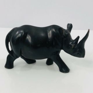 Carved Wood Rhinoceros Statue Dark Brown Figurine 6 "
