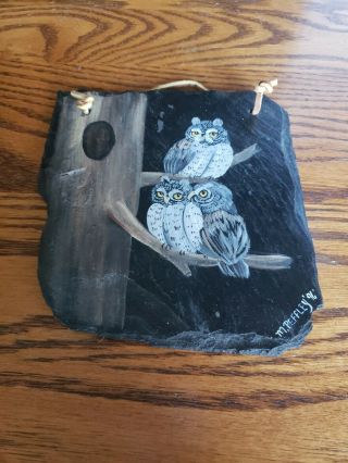 Hand Painted Owl On Slate Welcome Wall Hanging Signed By Artist