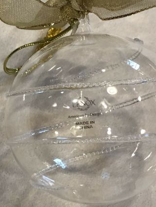 Lenox Blown Clear Glass Swirl Christmas Tree Ball Ornament w/ Gold Bow 4.  5 