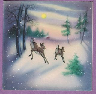 Vtg Mc Christmas Card Two Deer Running In Woods Moonlight Purple Pink Sky Snow