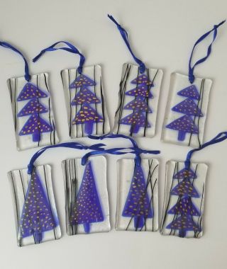 Set Of 8 Glass Handmade Christmas Tree Ornaments Blue And Gold Hand Signed