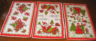 Vintage Set 3 Christmas Linen Towels Needlepoint - Look Designs Santa Bells Noel