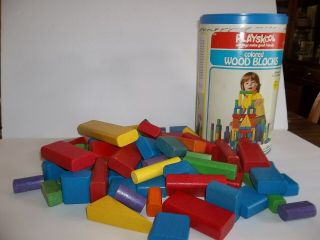 1976 Playskool Colored Building Blocks W/storage Can Various Shapes - Sizes No.  645