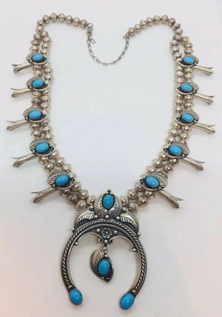 Relios Vintage Sterling Silver Turquoise Southwestern Squash Blossom Necklace