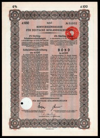 1935 Nazi Germany £100 Konversionskasse Ten Year 4 Bond Third Reich Finance Vf,