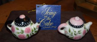 Icing On The Cake Blue Sky Salt & Pepper Pink Roses Teapot Jeanette Mccall Gc