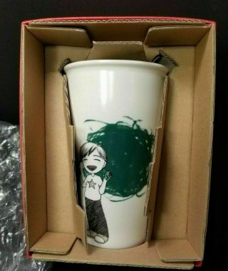 Starbucks 2015 Boy Finger Painting Dot Ceramic Travel Tumbler Cup Mug 12oz Nib