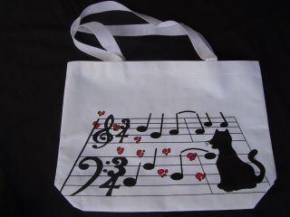 Cat With Music Notes Tote Bag 17 X 11.  5 White Canvas Great Gift