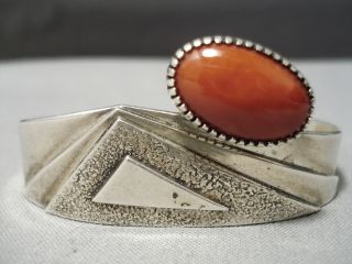 Striking Vintage Navajo Coral Native American Sterling Silver Bracelet Old