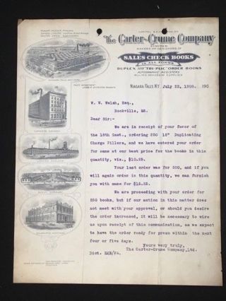 1908 Letterhead Carter - Crume Co Niagara Falls Ny Salesbooks Illus Factories