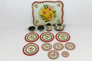 Vintage Childs Toy Tin Litho Metal Tea Set Tray Teapot Cream Cups Saucers 15 Pc